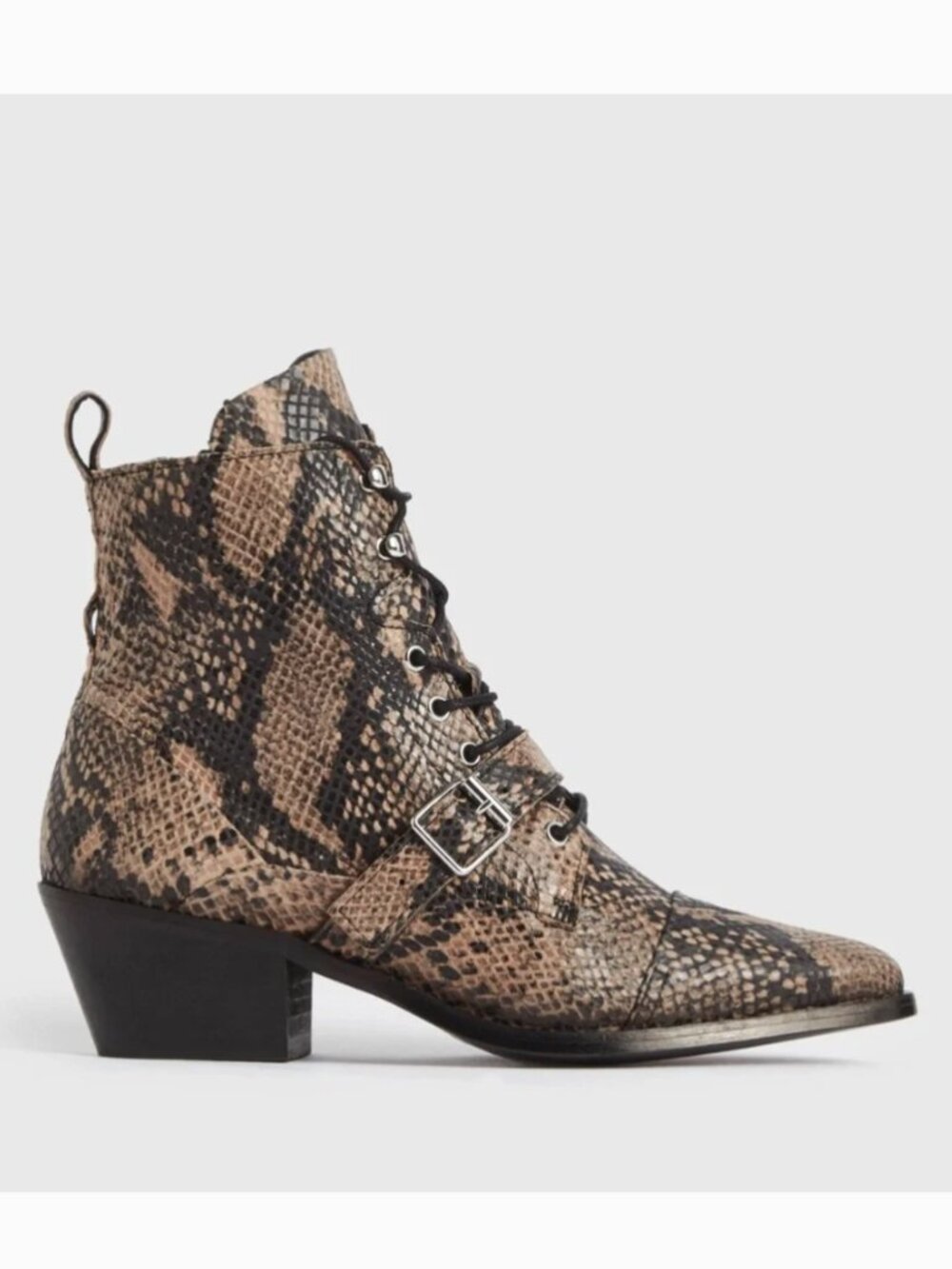 AllSaints Katy Leather Boots Taupe Snake Print Women EU 40 US 10 Heeled Lace Up
